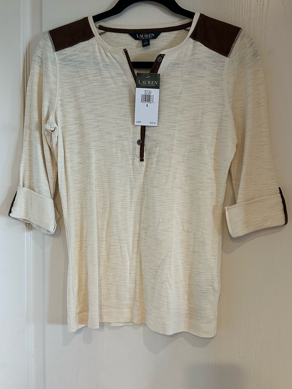 Lauren Ralph Lauren Cream Henley with Brown Shoulder and Placket Trim
